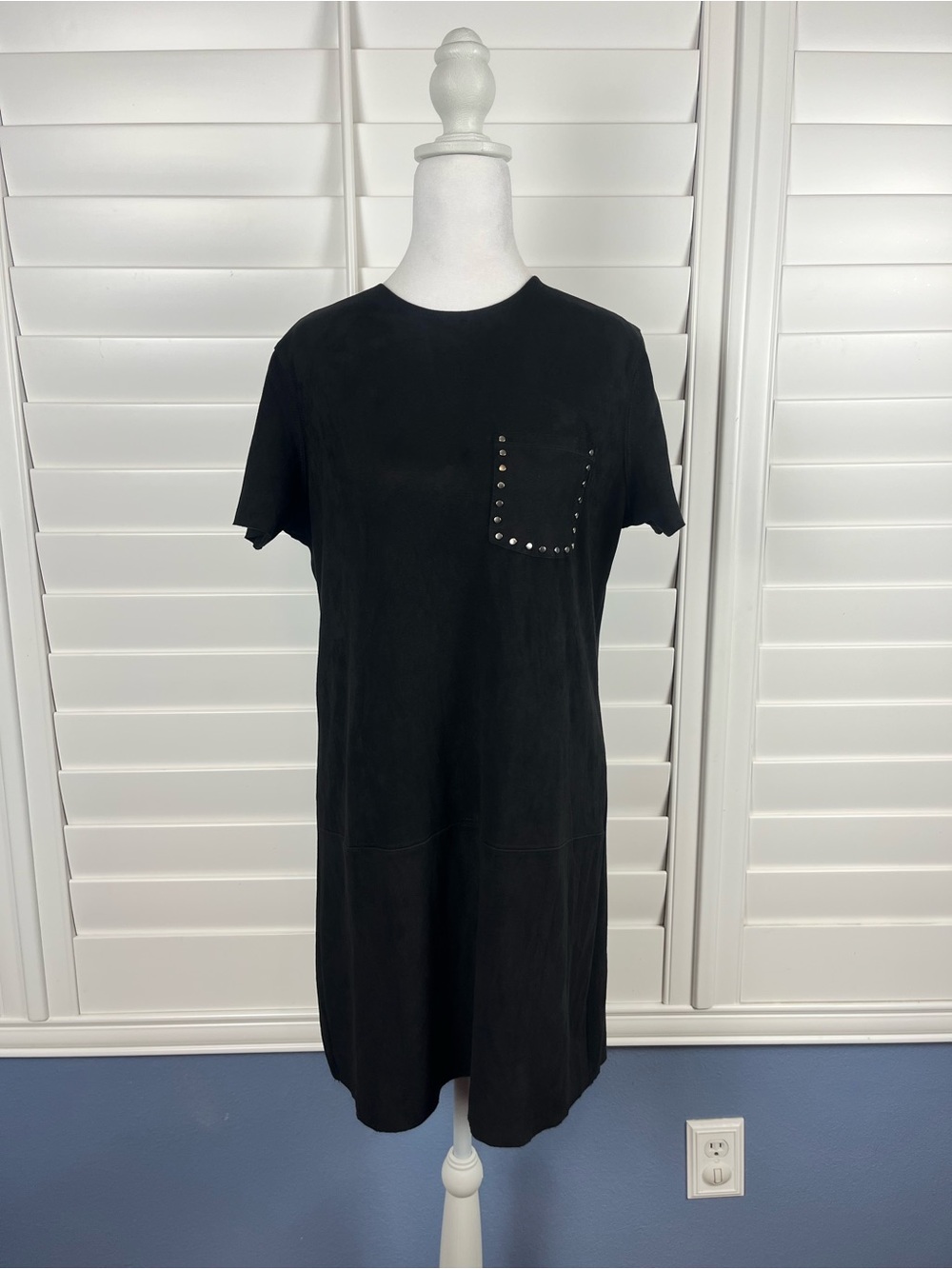 Olivaceous Black Studded Pocket Short Sleeve mini Dress faux suede goth western